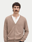 Men's Taupe Cashmere V-neck Cardigan worn by model, detail view on white background