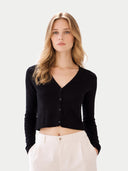 Women's Lightweight Cashmere Silk Cardigan Black worn by model, detail view on white background