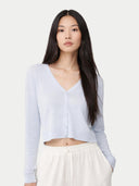 Women's Lightweight Cashmere Silk Cardigan Blue worn by model, detail view on white background