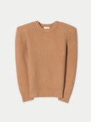 Women's Camel Brown Sculpted-Shoulder Cashmere Sweater detail view on white background