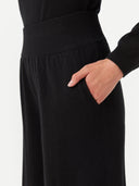 Women's Wide-Leg Cashmere Pants Black worn by model, detail view on white background