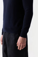 Men's Ribbed Cashmere Sweater Navy  worn by model, detail view on white background