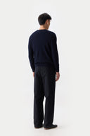 Men's Ribbed Cashmere Sweater Navy  worn by model, back view on white background
