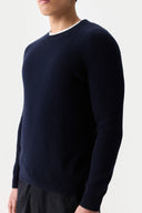 Men's Ribbed Cashmere Sweater Navy  worn by model, detail view on white background