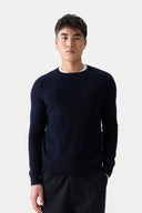 Men's Ribbed Cashmere Sweater Navy  worn by model, detail view on white background