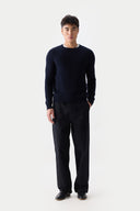 Men's Ribbed Cashmere Sweater Navy  worn by model, front view on white background