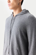 Men's Zip-Up Cashmere Hoodie Dim Gray worn by model, detail view on white background