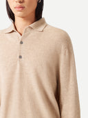 Men's Beige Cashmere Polo Sweater  worn by model, detail view on white background