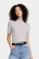 Women's Cashmere Silk Shirt with High Neck Vapor Blue  worn by model, detail view on white background