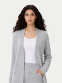 Women's Relaxed-Fit Cashmere Cardigan Grey  worn by model, detail view on white background