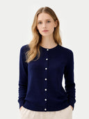 Women's Navy Cashmere Crewneck Cardigan  worn by model, detail view on white background
