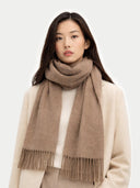 Cashmere Fringed Scarf Taupe  worn by model, detail view on white background