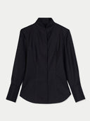 Women's Black Cashmere Stand-Collar Shirt  detail view on white background