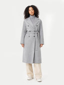 Women's Double Cashmere Breasted Long Coat Vapor Blue worn by model front view on white background