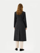 Women's Cashmere Peak Lapel Long Coat Charcoal worn by model back view on white background