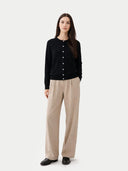 Women's Cashmere Crewneck Cardigan  worn by model, front view on white background