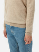 Women's Warm Grey V-Neck Sweater  worn by model, detail view on white background