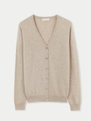 Women's Warm Grey Cashmere V-neck Button Cardigan detail view on white background