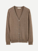 Women's Taupe Cashmere V-neck Button Cardigan detail view on white background