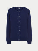 Women's Navy Cashmere Crewneck Cardigan  detail view on white background