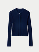 Women's Hidden Button-Front Cashmere Silk Cardigan Navy  detail view on white background