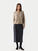 Women's Textured Knit Cashmere Jacket-Style Cardigan Warm Grey worn by model, front view on white background
