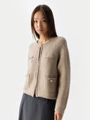 Women's Textured Knit Cashmere Jacket-Style Cardigan Warm Grey detail view on white background