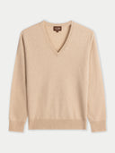 Women's Beige  Cashmere V-Neck Sweater detail view on white background