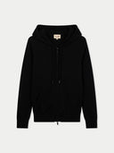 Woman Zipper Hoodie with Smiley Pocket Black detail view on white background