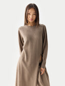 Women’s Cashmere Side-Slit Maxi Dress Taupe worn by model detail view on white background