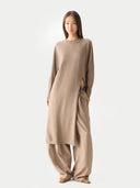 Women’s Cashmere Side-Slit Maxi Dress Taupe worn by model front view on white background