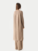 Women’s Cashmere Side-Slit Maxi Dress Taupe worn by model back view on white background