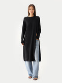 Women’s Cashmere Side-Slit Maxi Dress Black worn by model front view on white background