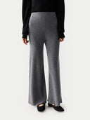 Women's Grey Cashmere Pants worn by model, detail view on white background