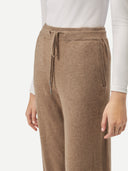 Women's Cashmere Straight Leg Jogger Taupe  worn by model, side view on white background