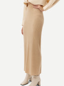 Women's Beige  Cashmere Midi Skirt worn by model, detail view on white background