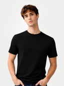 Men's Silk Cashmere Crew Neck T-Shirt Black worn by model, detail view on white background