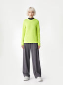 Women's Sunny Lime Cashmere Crewneck Sweater worn by model, front view on white background 
