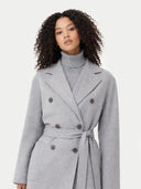Women's Double Cashmere Breasted Long Coat Vapor Blue worn by model detail view on white background