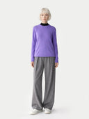 Women's Dusted Peri Cashmere Crewneck Sweater worn by model, front view on white background