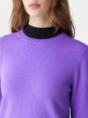 Women's Dusted Peri Cashmere Crewneck Sweater worn by model, detail view on white background
