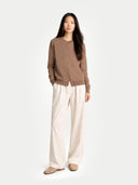 Women's Taupe Cashmere Crewneck Cardigan worn by model, front view on white background