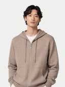 Men's Zip-Up Cashmere Hoodie Taupe worn by model, detail view on white background