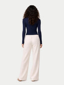 Women's Hidden Button-Front Cashmere Silk Cardigan Navy  worn by model, back view on white background