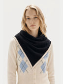 Black Cashmere Diamond Scarf worn by model, detail view on white background