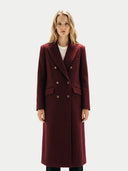 Women's Double-Breasted Long Coat Bordeaux  worn by model detail view on white background