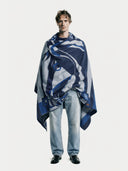 White Cashmere Horse Jacquard Throw  worn by model, front view on white background