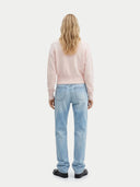 Women's Peach Blush Cashmere Cinched-Waist Sweater worn by model, back view on white background