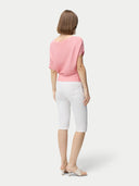 Women's Short Dolman Sleeve Cashmere Sweater Pink Icing  worn by model, back view on white background