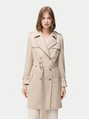 Women's Double Breasted Cashmere Trench Coat Warm Grey worn by model detail view on white background